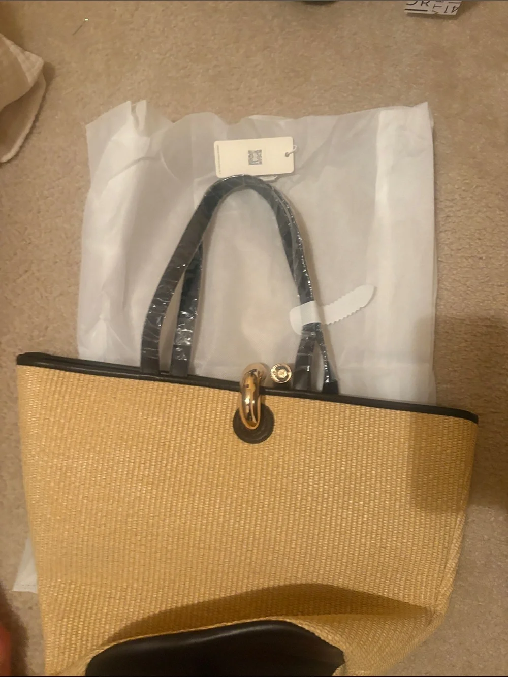 Urban Expressions Natural Straw Tote with Black Trim and Pocket